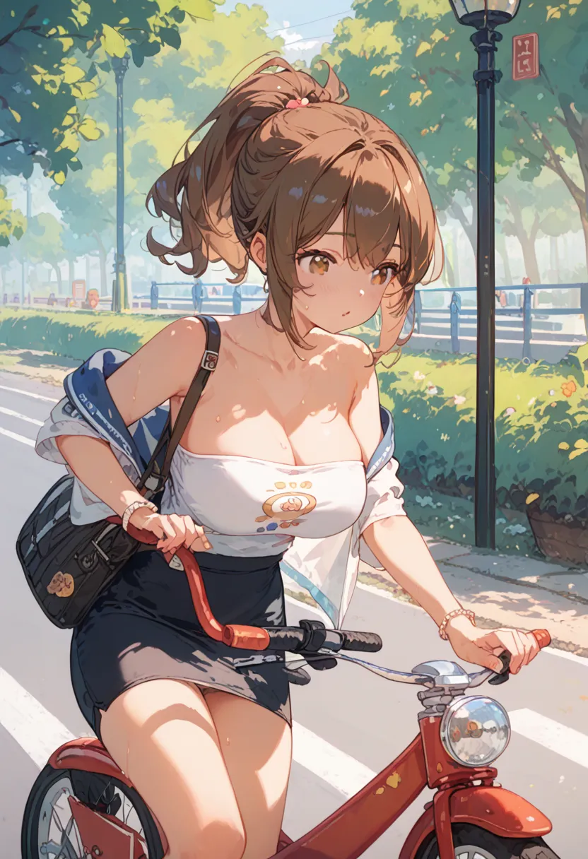 detailed riding best mini tricycle on road park, brown hair ponytail brown eyes beauty cute loli 8yo ,medium big breasts white s...