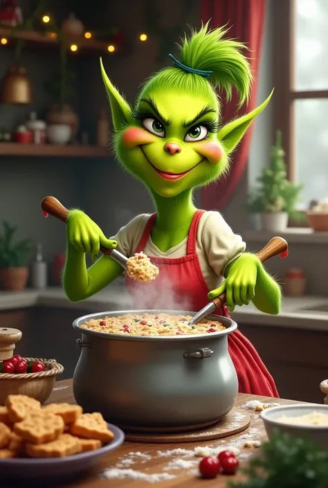 A cute Christmas Grinch woman cooking