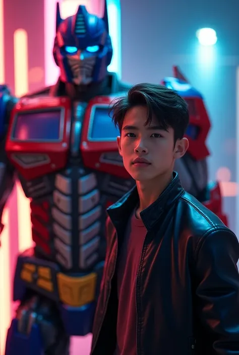 Create a stunning and detailed image featuring Optimus Prime in his iconic, powerful form, with vibrant background lights illuminating the scene. In the foreground, depict a 20-year-old boy with a clean-shaven face and a normal, athletic body type, standin...