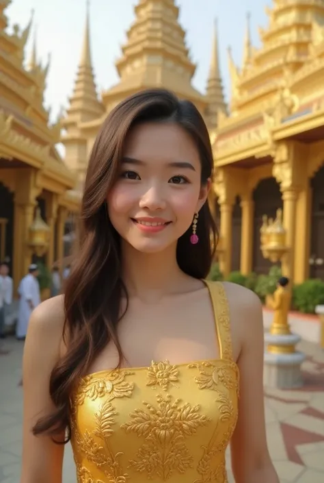 A beautiful Taiwanese queen, 24-28 years old, sharp eyes, medium breasts, long brown hair cascading over her shoulders, wearing golden color of Thai traditional dress, big smile looking at camera. The Thailand Grand Palace locates in little far distance be...