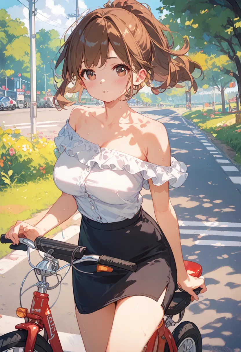 detailed riding best mini tricycle on road park, brown hair ponytail brown eyes beauty cute loli 8yo ,medium big breasts white s...