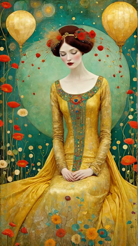 scene inspired by the enchanting art styles of Klimt, Sam Toft, Florine Stettheimer, Dina Wakley, Catrin Welz-Stein, Gabriel Pacheco, and Elisabeth Fredriks, romantic dreamy serialism fantasy 