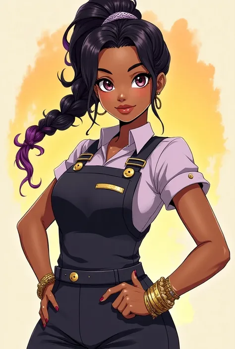  make an image in the manga style of my Oc do Mango Gachio Akuta with these descriptions:
 A woman with light brown skin ;  hair tied in black braids that goes in black  (Cor Natural)  for lilac ; oblique eyes and hazelnut color;  her clothes belong to a m...