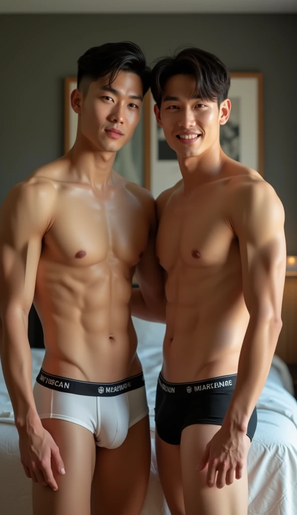 realistic picture ; Chinese-Thai men in different hair style stand in underwear in bedroom