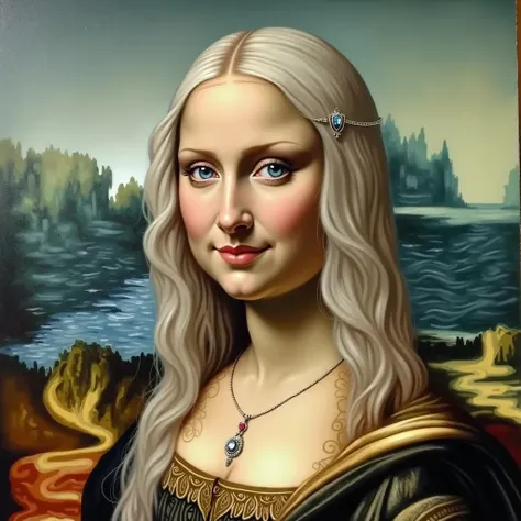  Make a painting of Leonard Da Vincis Mona Lisa, white blonde with blue eyes and with jewels 