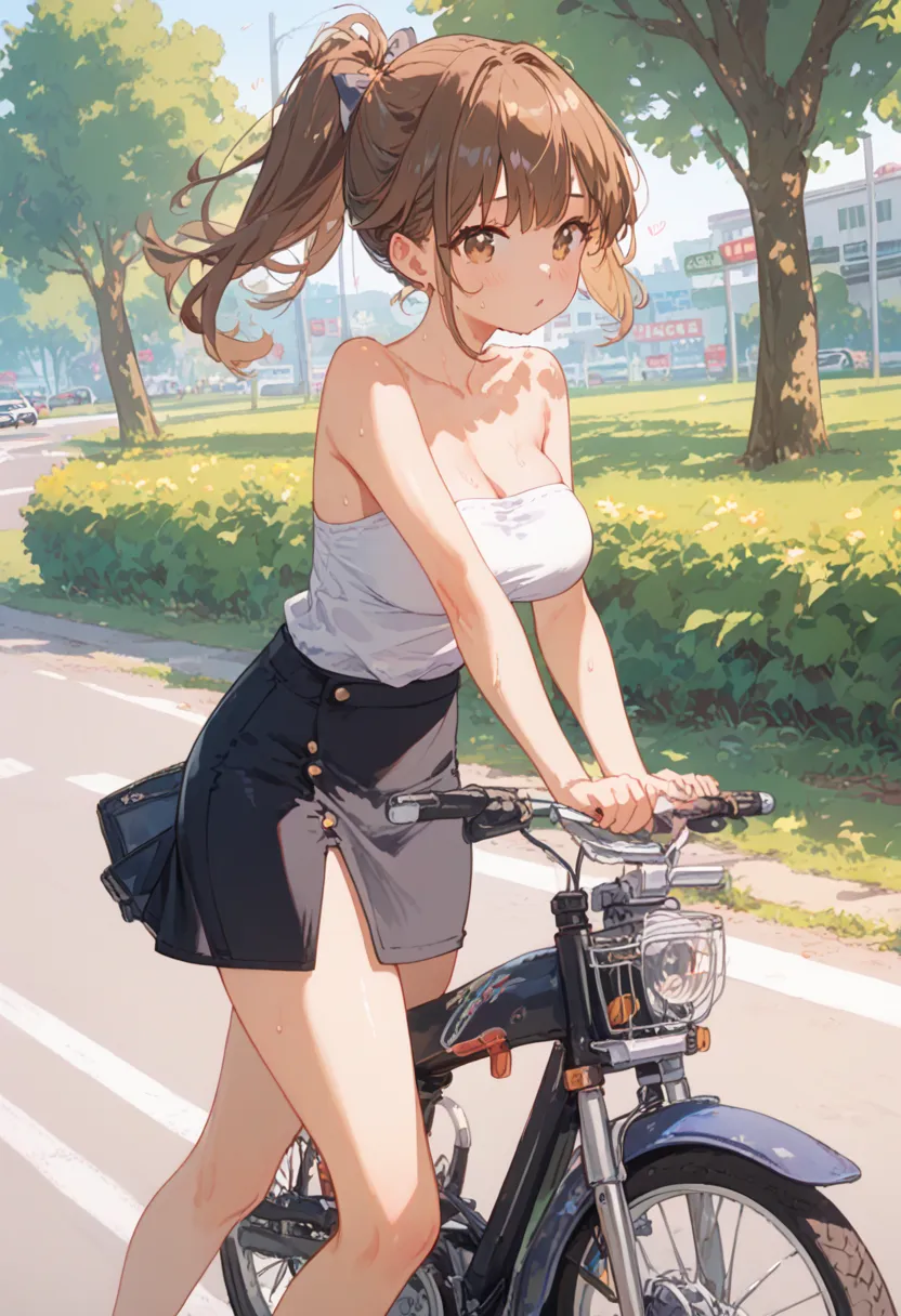 detailed loligirl riding best mini tricycle on road park, brown hair ponytail brown eyes beauty cute loli 8yo ,medium big breast...