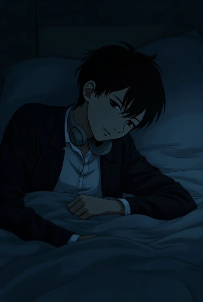 an image in anime that represents a well-known loner, he is a boy who wears a black jacket and a white shirt, tonight, the image has to have beautiful and dark colors, he is inside his room listening to music, he is sleeping  