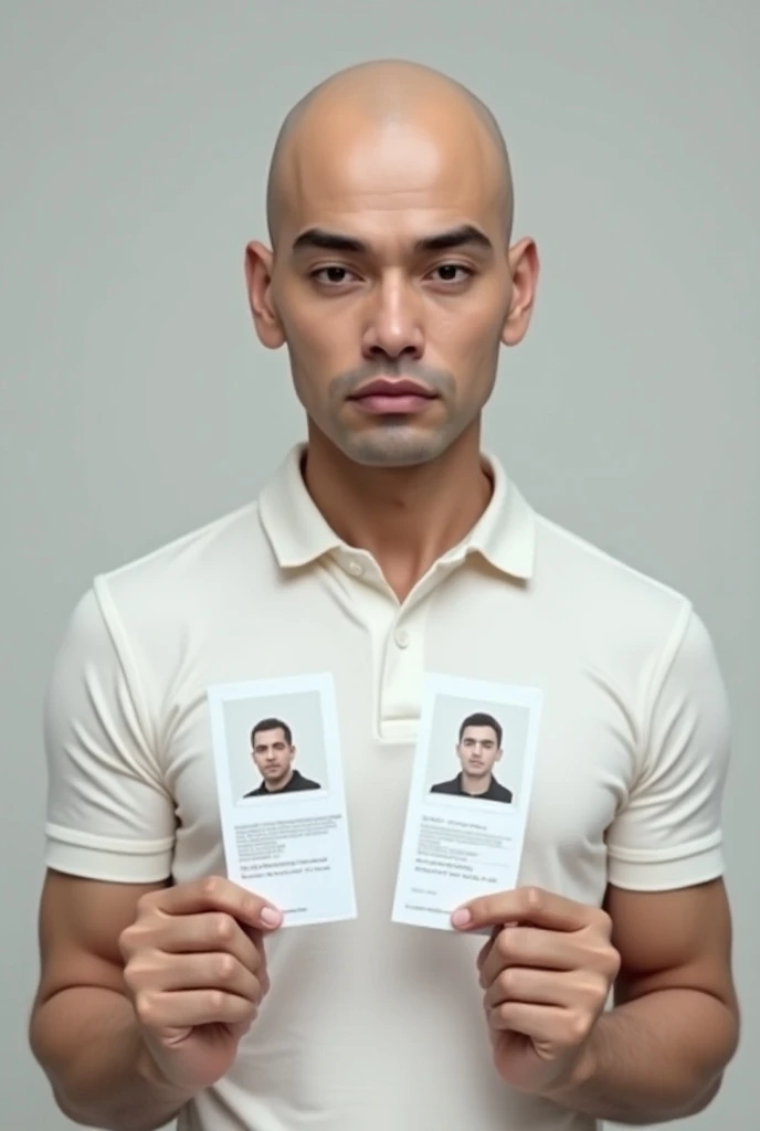 Now create the photo of that same bald, dark-haired man in the white polo shirt that you created on the sheet of paper but create him holding a front and back ID and the front and back ID white polo shirt he is thinner and darker create the same one but wi...