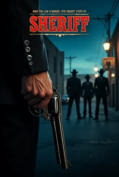 [Film Poster Concept: "Sheriff"]

Background:

A gritty, urban landscape at dusk, with dim streetlights casting shadows. The atmosphere is tense, hinting at an impending confrontation.
Foreground:

A close-up shot of a hand gripping a sheriffs revolver, th...