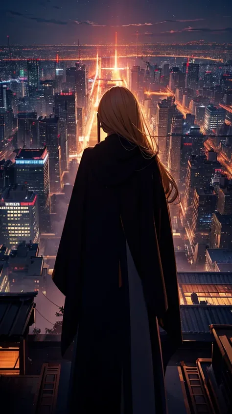 １people々々々々々々,Blonde long hair woman，    long coat，        dress silhouette，  Back posture      ，    Anime Style  , Admire the night view of the winter city from the rooftop，