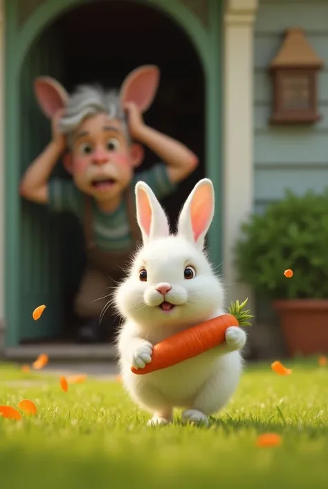 Give a vivid image of a white cute rabbit run away out side the home. Carrot in his hand. Man with gray hair put his both hand on his head. standing near the door. look that rabbit from the background. 