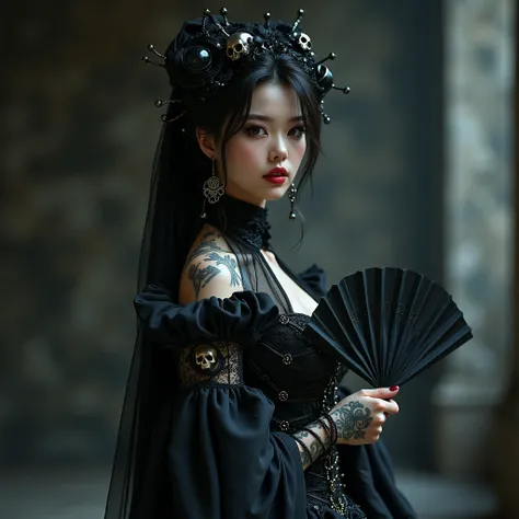 ((((looking at camera)))),sexy gothic style_CHLO,a beautiful girl, beautiful Half-korea-Russian girl face, wearing a gothic dress made of skulls,Reveal full breasts,Big breasts,ancient black stonewall,a battle between dark gods,[black:silver:25],profile,ho...