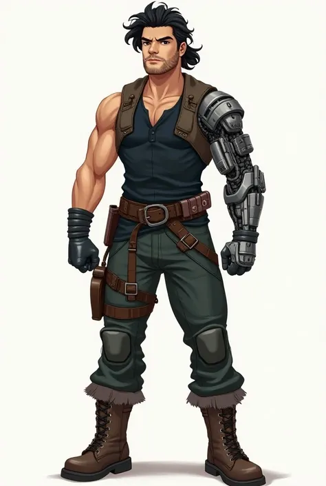 A full-body illustration of Lucas, a young human warrior with a lean, muscular build and an air of confidence. He has lightly tanned skin, dark wavy hair tied into a loose ponytail reaching past his shoulders, and a neatly trimmed beard that frames his str...