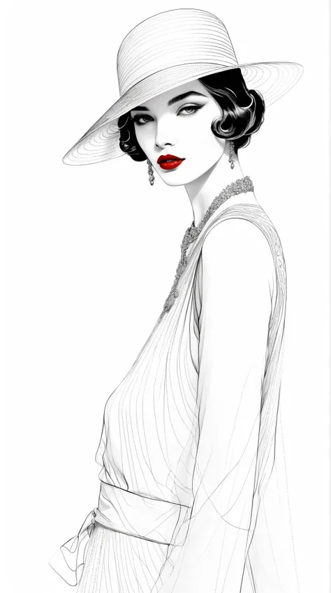 fashion illustration, mustafa soydan drawing, line art sketch on a white background, Red lipstic, 1920s style, dreamy, breathtaking, mysteries 