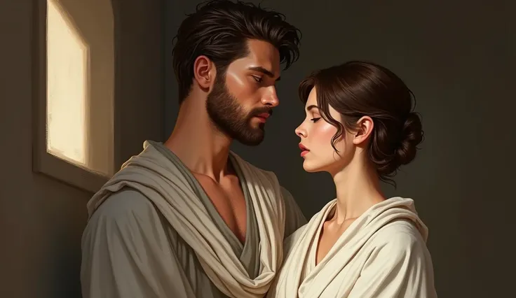 A handsome young stoic philosopher with a well-proportioned and attractive physique, tanned skin, a very short, well-trimmed beard, and well-groomed, wavy hair. He is dressed in classic robes in soft earthy tones – gray and brown. A Woman from the Bible, s...