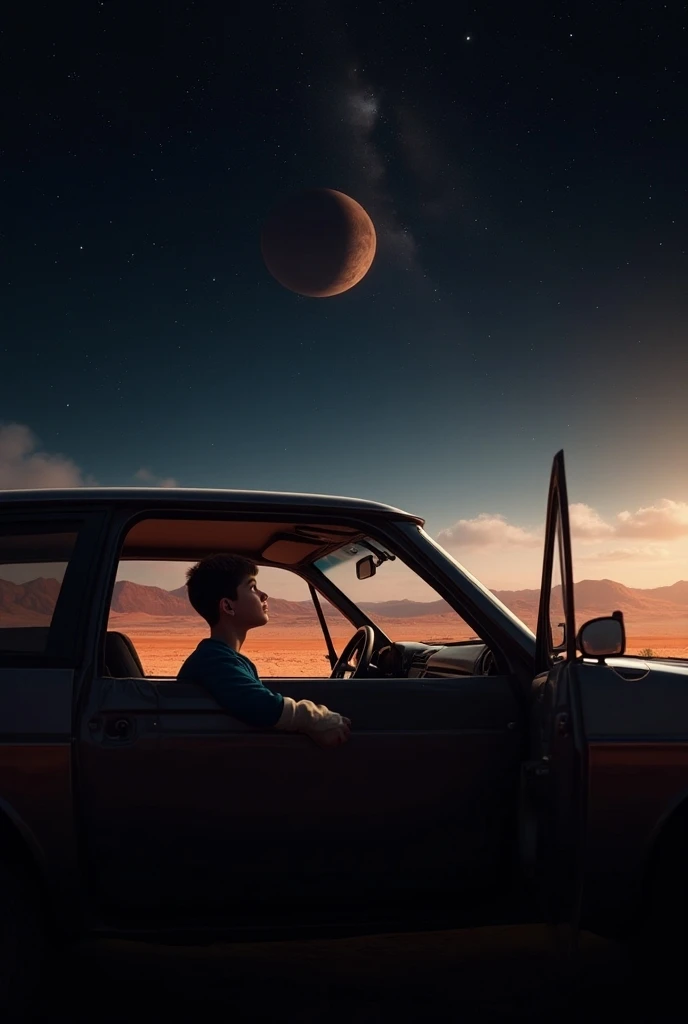 In ultra  graphics   like reality photos .Mars planets   and the boy up in car  seting  in night .They looking  star , planets and univers   . Its looks beautiful. After mars . 