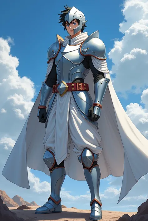 - Anime style
- Male
- Early 20s
- Average figure 
- White robe
- Silver breatsplate 
- Silver belt
- Silver shoes
- Silver helmet