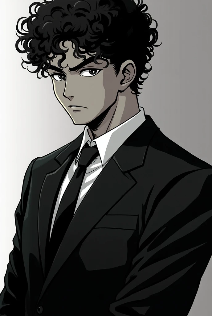 Create an anime-style image of a reserved and rude male professional marketing agent , dark skin,  Curly Hair , cunning,  in black and white colors also create a logo that represents him 