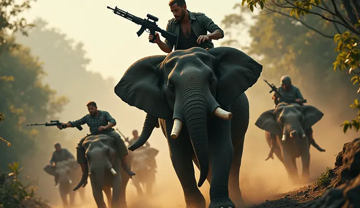 I need an image of elephant in which the men is sitting on elephant and elephant coming the men have a lot of gun and enemies chasing the man and they have also guns and behind them the logo of live stream 