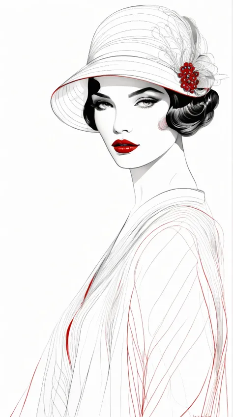 fashion illustration, mustafa soydan drawing, line art sketch on a white background, Red lipstic, 1920s style, dreamy, breathtaking, mysteries, half colored, mirroring, serialism 