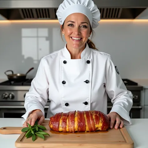 A 50-year-old female chef wearing a complete chef uniform (white coat with black buttons and a chefs hat), cooking a stuffed meatloaf wrapped in crispy bacon with a melted cheese filling in a modern, white, and well-lit kitchen. She looks forward with a wa...