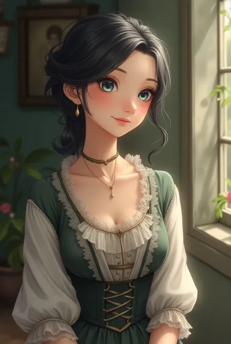 old lady with a slight smile on her face in anime style,  art. Black hair with a little gray hair ,  blue eyes .  Dressed in a nineteenth-century dress .