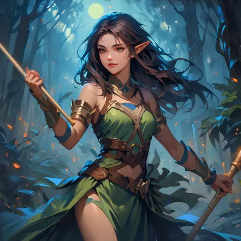 Elf flutist warrior, in a night forest, oil painting, magic the gathering
