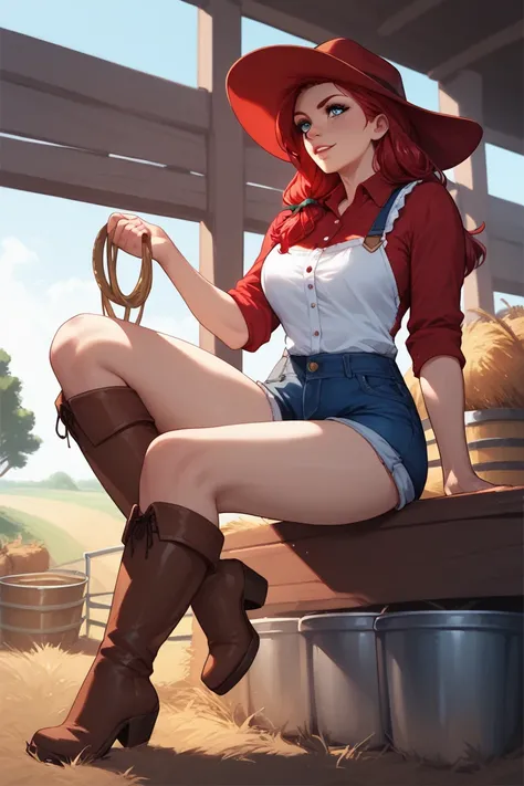 Woman, long red hair, blue eyes, red hat, red button-down blouse, Shorts,Farmer, on a farm, , Brown boots with fur , Cowgirl 