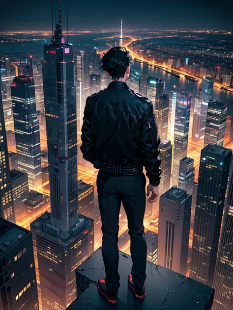 A young man standing on the edge of building, night city view, beautiful view, tall guy, short hair, black hair, wearing black jacket, back view,