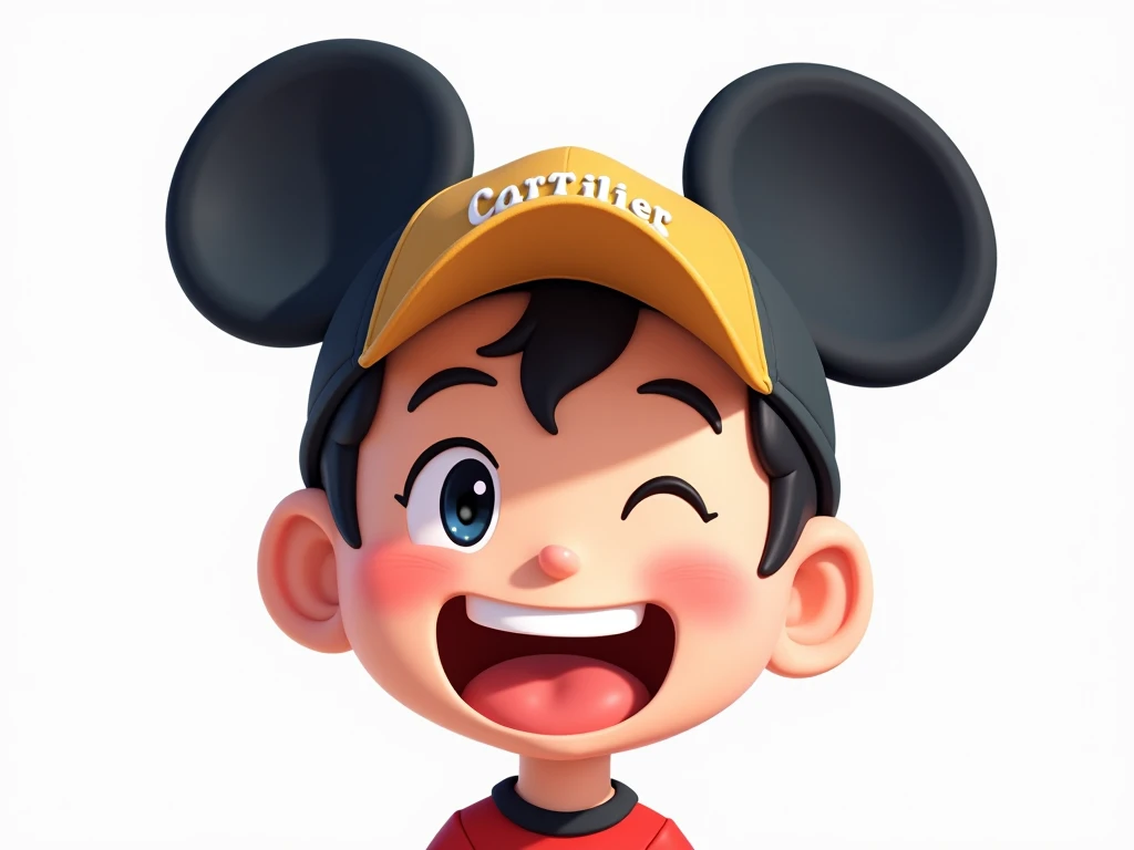 happy ren wearing mickey mouse ears style caps on a white background smiling at you