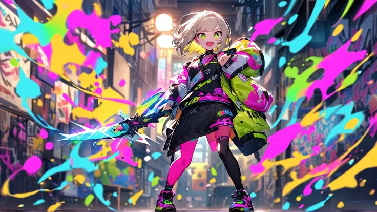 A young Japanese woman with a platinum blonde bob hairstyle is in the midst of an action-packed, Splatoon-inspired world. Dressed in vibrant, street-style clothing with a mix of neon colors, she holds a large ink-splatting weapon, ready for a splashy battl...