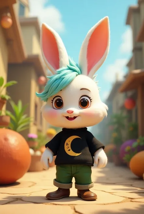 a white rabbit with light blue hair wearing a black shirt with a waning moon and green pants with brown shoes in pixar style 