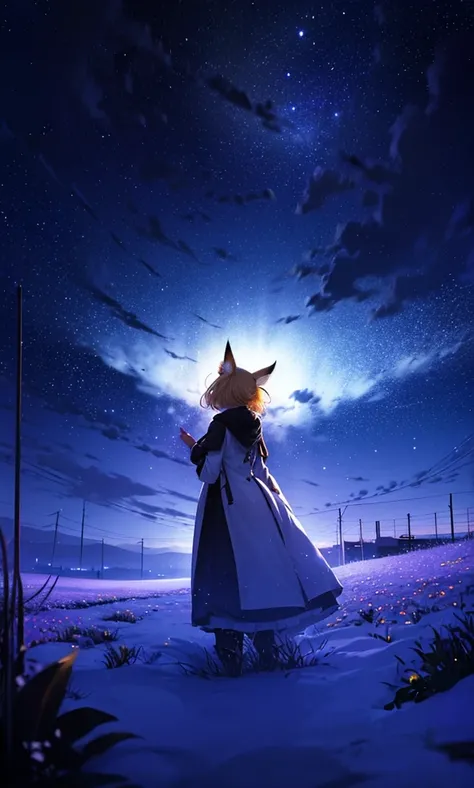 １people々々々々々々々々々,Woman with medium length blond hair， fox ears， long coat，Tall，  dress silhouette，  rear view of posture，Space Sky, Full moon background，Flower field ，Colorful flowers，Dancing petals，winter，Snow Scene，