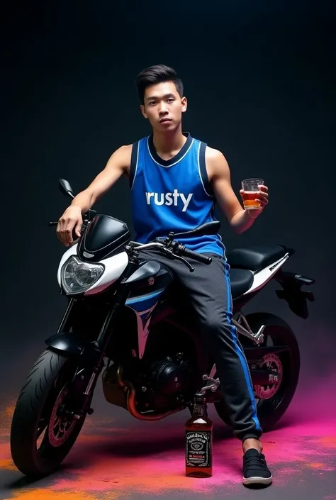 A pilipino young man, wearing a blue basketball jersey with "Rusty" on it and dark gray sweatpants with blue stripes, sits astride a sleek, black and white sportbike. He holds a glass of amber liquid, possibly whiskey, in his hand. A bottle of Jack Daniels...