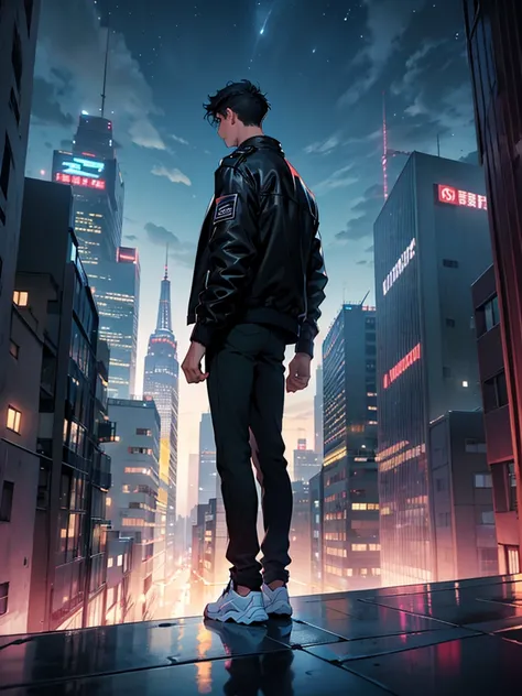 A young man standing on the edge of building, night city view, beautiful view, tall guy, short hair, black hair, wearing black jacket, wearimg white sneakers, back view,