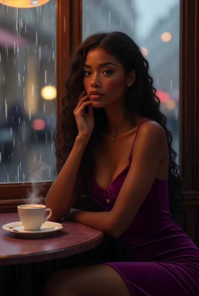 Sofia, une jeune femme métisse au teint caramel, parsemée de taches de rousseur et avec de longs cheveux bruns et frisés, est assise à l’intérieur d’un café parisien. Elle porte une robe en velours violette qui épouse parfaitement ses formes, son vernis à ...