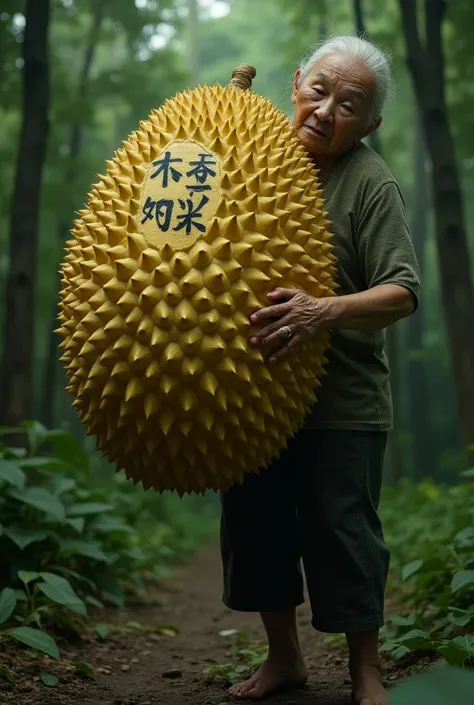 A helpless old woman is holding a very big musang king durian in her hands. It is a musang king durian of 100 tons. A big Onglai is written on the musang king durian of 100 tons and behind it there is a jungle and children are crying. She is looking at a n...