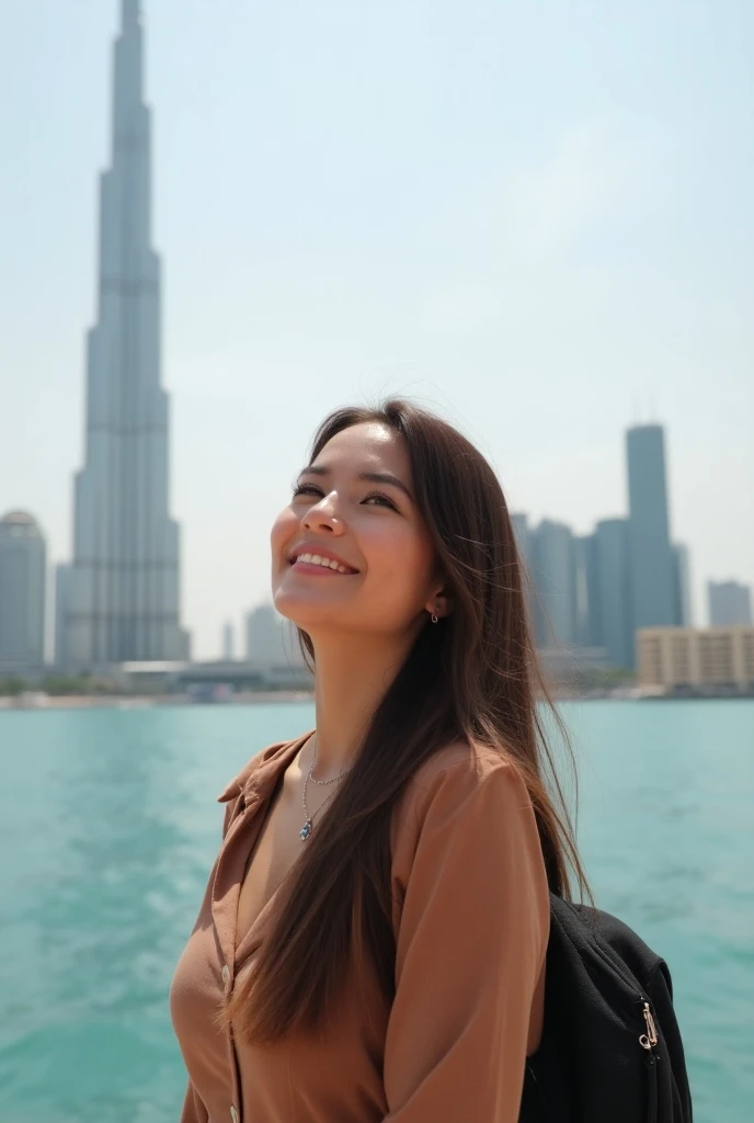 A beautiful brunette manis standing in front of the Burj Khalifa and Dubai and is looking around with interest and happiness. She is clearly very excited about her trip and is happy to be there. seed 3907538791
INFO
