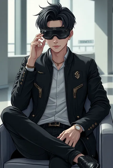  a stylish young man, around 19 or 20 years old, sitting on a chair with one hand on his goggles, wearing a luxury branded outfit in anime format
