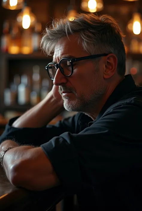 real photo, In high resolution 38-year-old man with black gray gray hair ,  dressed in pants and black shirt ,  with round black magnifying glasses in profile only in a bar ,  with this pose with eyes closed ,  tilted to the side and resting on his hand , ...