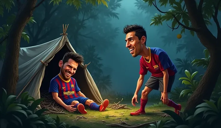 "A caricature of Messi, comfortably nestled in his messy pile of sticks and leaves, smiling smugly in his Barcelona kit. He’s looking at Ronaldo, who is still struggling with his collapsed shelter. The jungle around them is dark and quiet as night settles ...