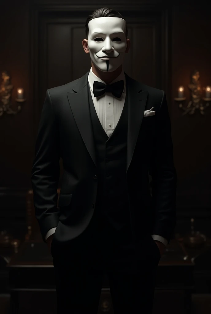 Mafia boss in black and masked suit 
