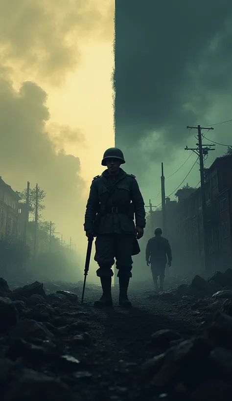 Left side: A dark, somber scene of a battlefield (to represent the brutality of war), perhaps a foggy or destroyed landscape with a soldier carrying a weapon, with dramatic lighting to emphasize the grim mood.
Right side: A lighter, peaceful scene of an Am...