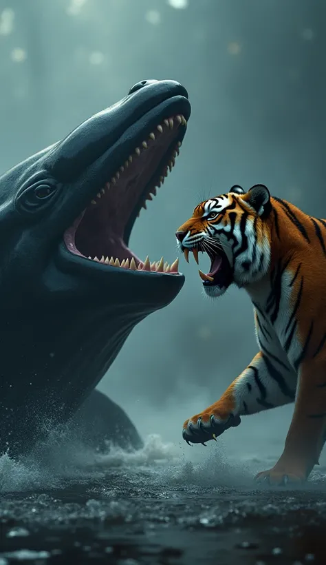 Create an HD image featuring a fierce tiger and a massive whale, both positioned apart but facing each other in an aggressive, hostile stance. The tiger should appear intense, with its sharp claws extended, fur bristling, and a powerful, tense posture. The...