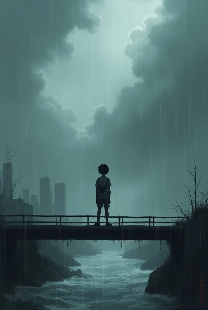 A boy standing on a bridge in dark weather 