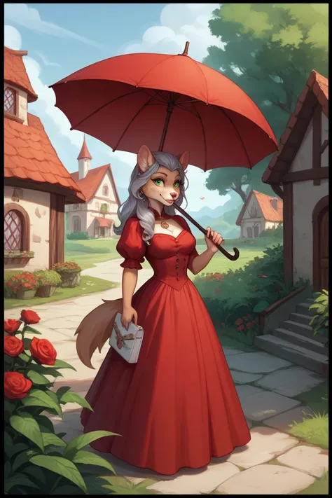 A anthropomorphic wolf character with long, silver hair and green eyes stands confidently, holding a red umbrella. She wears a form-fitting red dress that accentuates her figure. In the background, a sunset casts a warm glow over a scenic town with houses ...