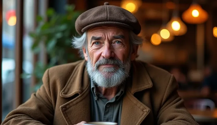 Create a realistic portrait of an older man sitting at a cozy café table. His silver-gray hair is tousled, and he wears a stylish brown beret atop his head. His face is lined with subtle wrinkles, particularly around deep-set blue eyes that convey wisdom a...