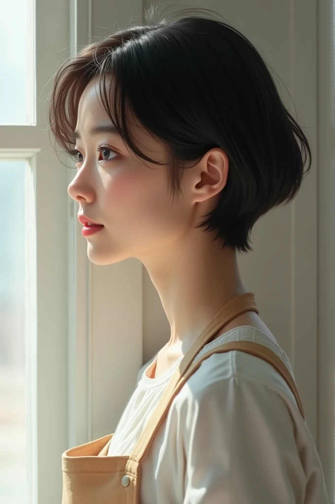 Side view of a woman with short hair looking like Ahn Eun-jin, an actor in her 20s wearing an apron