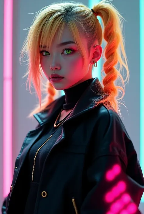 semi-Asian semi-European girl with blond short hair one side shaved braided pigtails light green eyes black clothes with neon elements bright on clothes