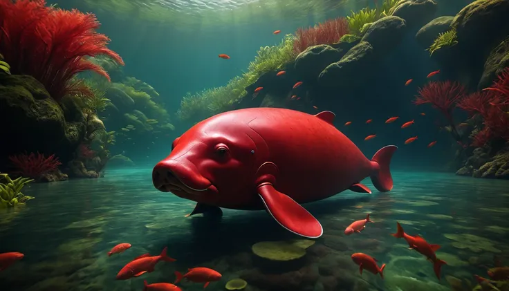 There is a red dugong in the river that has a human head and a fish body.，Mysterious Creatures, shrike, (best quality，4K，8K，High level，masterpiece：1.2），Ultra Detailed，（lifelike，Photo real，Photo real：1.37），Highly detailed animals，Complex patterns，Realistic ...